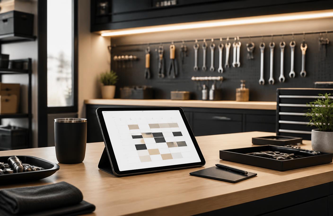 Organized service business workbench with a tablet displaying a daily schedule