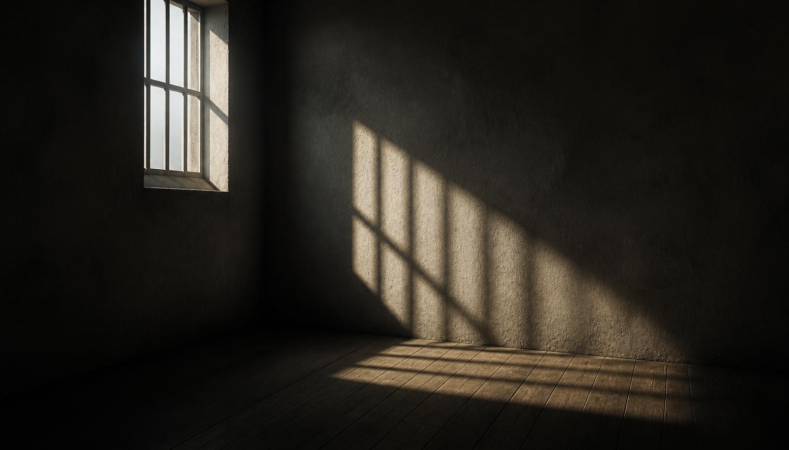 A dark, quiet room with soft daylight entering through a partially obstructed window, casting long shadows