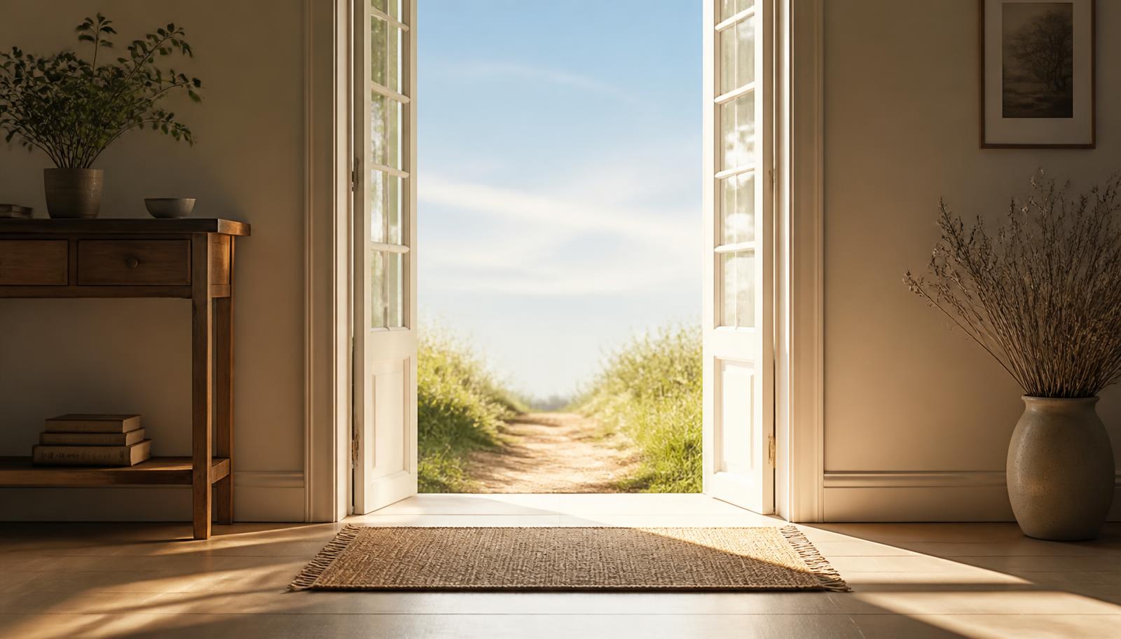 A bright interior with an open doorway flooding the room with daylight, representing hope and purpose