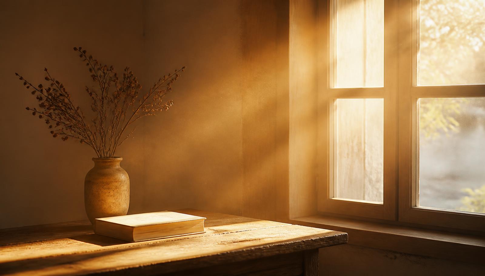 Warm morning sunlight falling across a quiet corner, representing faith and hope after darkness
